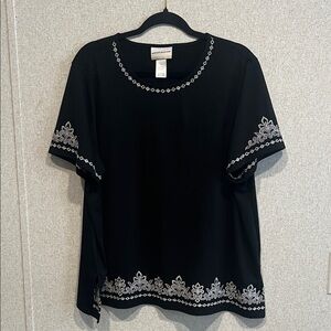 Alfred Dunner Black Tunic Top with White Embroidery
